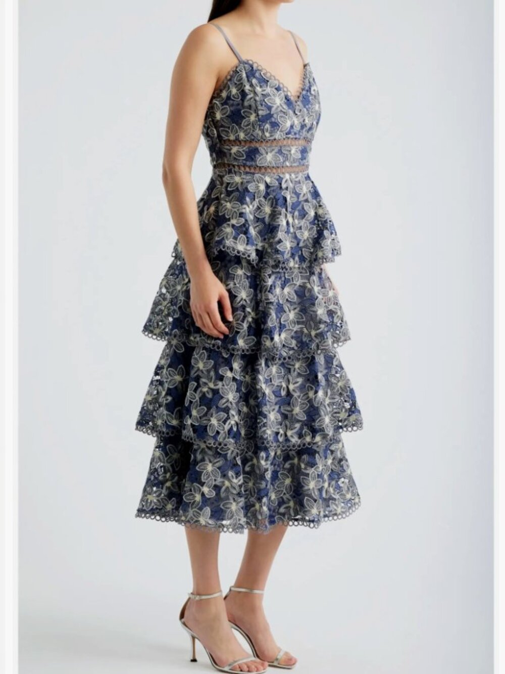 Arose, Marcela Embroidered Floral Tiered Midi in Blue